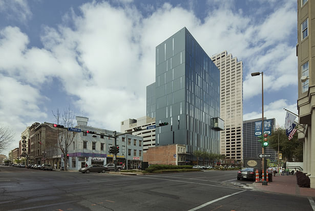 Exterior view from Poydras Street highlights the sustainable design considerations in the envelope design. 