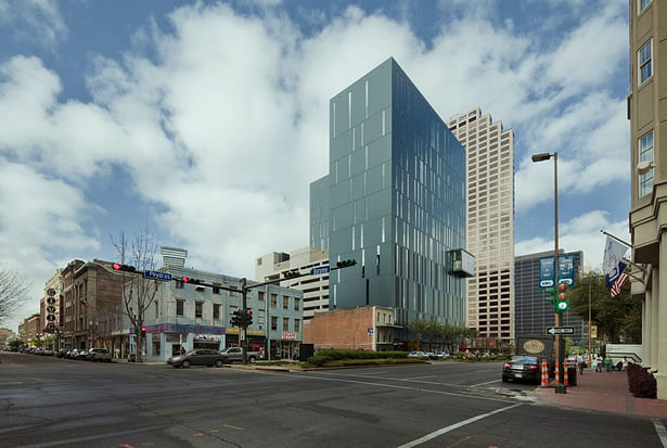 Exterior view from Poydras Street highlights the sustainable design considerations in the envelope design. 