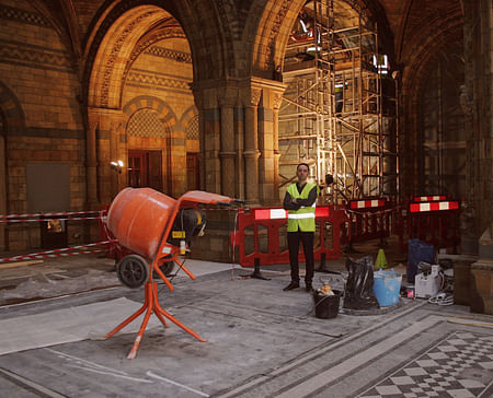 Paul Gallagher in the Hintze Hall, currently undergoing refurbishment. All photos by author.