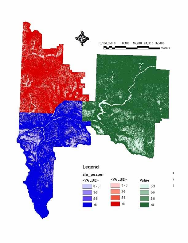 The DEM was taken and reclassified into four categories for each county. All of these ratings are based on suitable ratings based on how well grapes grow in the region. The rating system is 0-3, 3-5, 5-8 and 