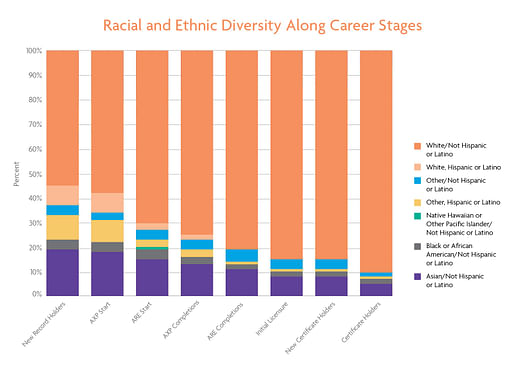 Racial and Ethnic Diversity Along Career Stages. Graph via NCARB.