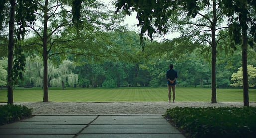 Publicity still for Columbus showing male lead, John Cho, in the Miller Garden.