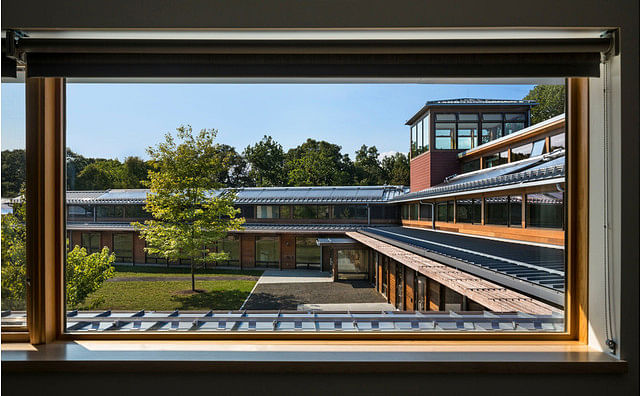 Roof-mounted solar-thermal panels, which heat water at Choate Rosemary Hall. It is one of more than a dozen tactics that the Kohler Environmental Center uses to reduce energy use to net zero. Photographer: Peter Aaron/Robert A. M. Stern Architects 