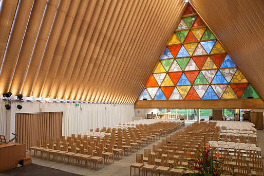 Cardboard Cathedral, 2013, built from paper tubes after 2011 Christchurch earthquake. © Bridgit Anderson. Courtesy of Shigeru Ban Architects.