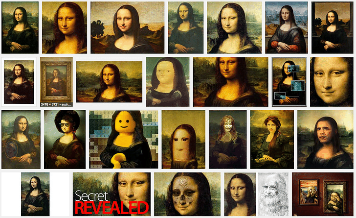 A Google image search of the Mona Lisa by Leonardo da Vinci, one of the most reproduced images in history that still draws massive crowds to its physical iteration.