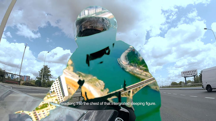 Two stills from Melia's 'Lamassu Flats,' which utilizes a green-screen motorcycle outfit to project images and sequences on to the rider as he passes through the city. Credit: Melia