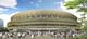 This artist rendering provided by the Japan Sport Council shows the street view of the new stadium design for the 2020 Tokyo Olympics proposed by architect Kengo Kuma and two companies. | AP