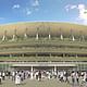 This artist rendering provided by the Japan Sport Council shows the street view of the new stadium design for the 2020 Tokyo Olympics proposed by architect Kengo Kuma and two companies. | AP