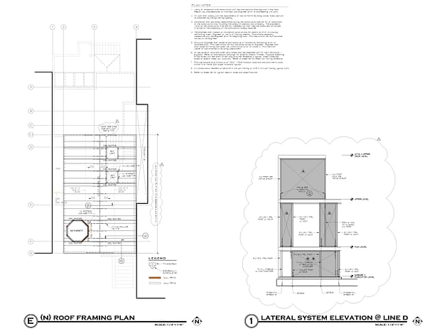 Roof and new rooftop deck framing plan and Line D shear wall elevation. 