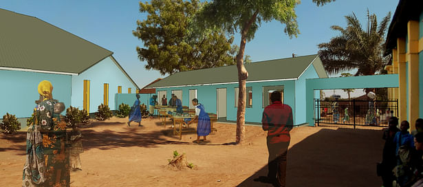 Rendering of the vocational courtyard. Left to right: new church building, vocational classrooms, entry gate, and existing church building.