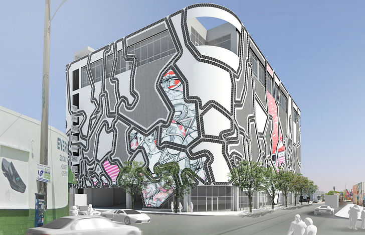 Wynwood Facade Blankspot Infill: close-up view, artist shown HOW&NOSM (at NW 2th Street and NW 3rd Ave). Courtesy of Faulders Studio.