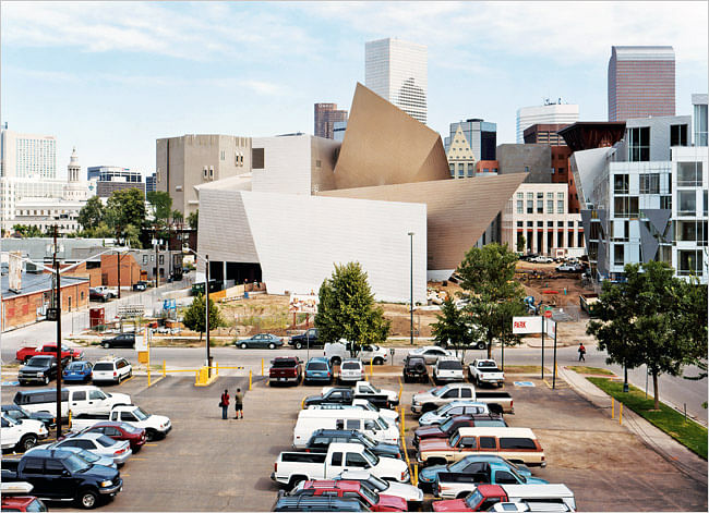 Daniel Libeskind's Frederic C. Hamilton Building of the Denver Art Museum, center; his Museum Residences are to the building's right - photo by Domingo Milella for NYT