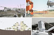 Renderings by Pratt Institute graduate architecture students, clockwise from upper left: Mixed-use business and cultural district by Jeffrey Autore; dynamic landscapes and event spaces, including towers and a solar airplane by Joselia Mendiolea; "transit materials lab" interactive facility by Masha Pekurovsky; housing which blurs boundaries between indoors and outdoors by Hsing-Chung (Mike) Su.