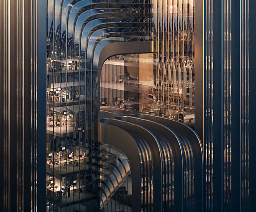 Closeup of ZHA's CECEP Shanghai HQ proposal. Render by Negativ.