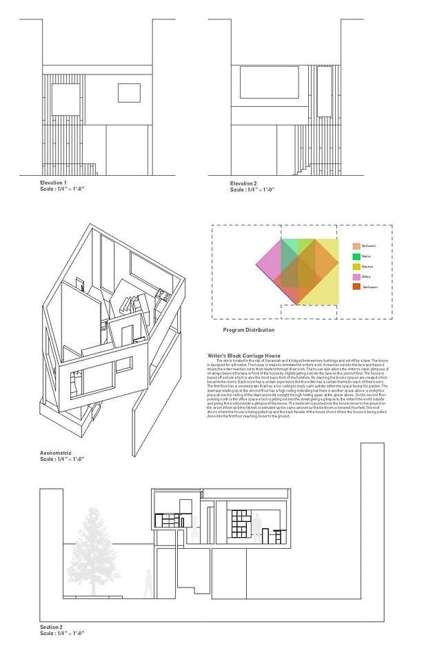 elevations, axonometric, section, and concept diagram