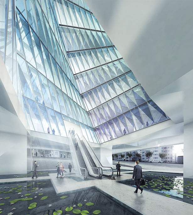 view from Ground level plaza toward the rotating void, 3D rendering
