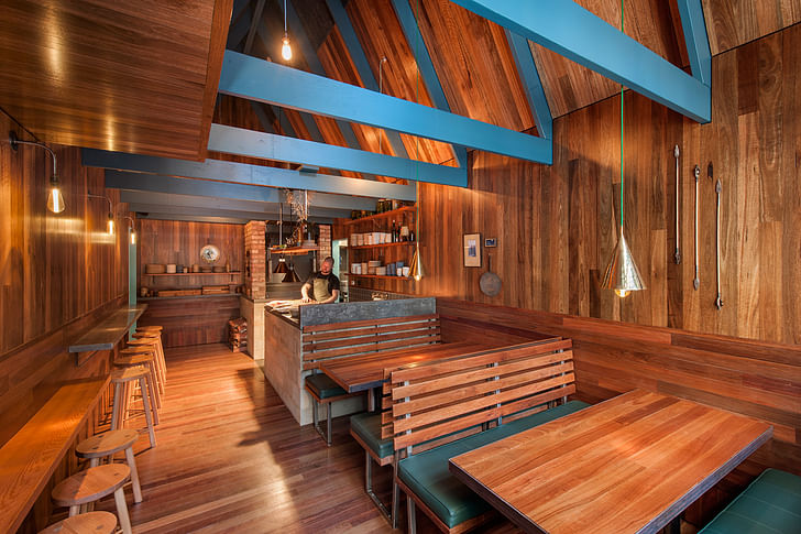 The interior of the Saloon's eatery combines local woods and stone.