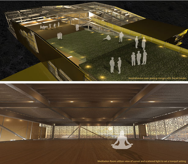 Two renderings the top showing the amphitheater that ramps down into the main space. The bottom rendering showing the interior space of one of the more private spaces.