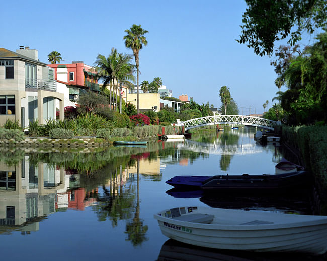 A present day image and future collage of the venice canals. The collage is by Los Angeles based graphic designer Riah Buchanan. Photograph by Jennie Warren, collage by Riah Buchanan.