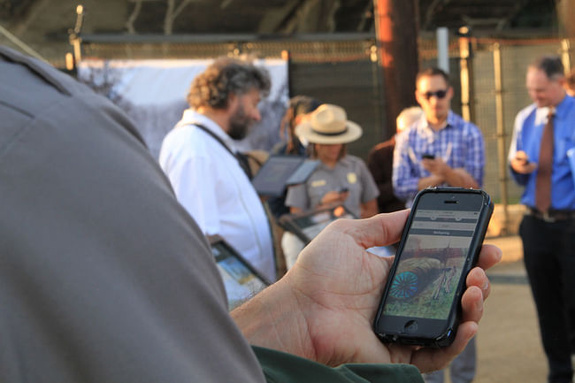 A park ranger previews the LASHP Trails app at the Wellspring launch event. Photo credit: IMLab-UCLA.