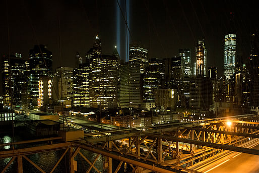 View west from the Brooklyn Bridge capturing the annual September 11 “Tribute in Light,” a commemorative art installation that recreates the shapes of the towers, Brooklyn, New York; 2017. Courtesy National Building Museum, © Camilo José Vergara.