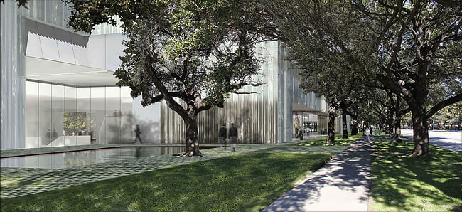 View of the Nancy and Rich Kinder Building entrance looking north on Main Street. Courtesy of Steven Holl Architects 
