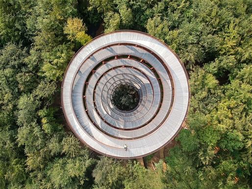 Sense of Place: Aerial view of the Camp Adventure Observation Tower, Gisselfeld Klosters Forest, Denmark. Photographer credit: Marco de Groot/APA19/Sto.