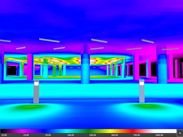 Lighting Design for LEED campus - False color rendering for Basement Parking Lighting Design