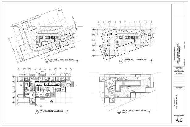 Floorplans of Ground, Park, Unit, and Roof Levels