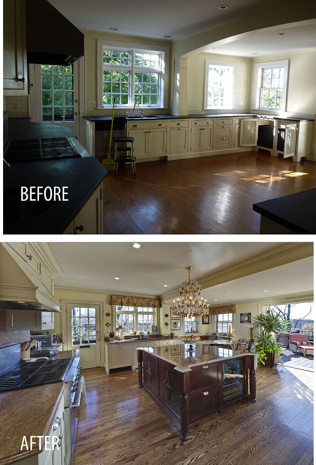 An existing Kitchen made more functional, with a new stained wood island and a breakfast area.