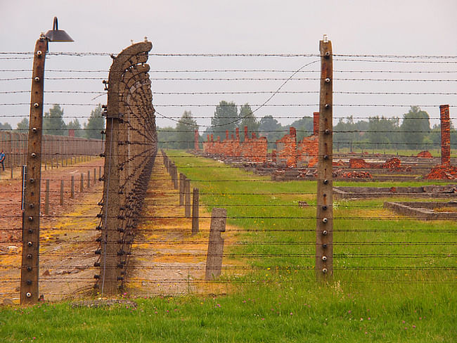 Birkenau fence and ruins, via flickr/Paul Arps.