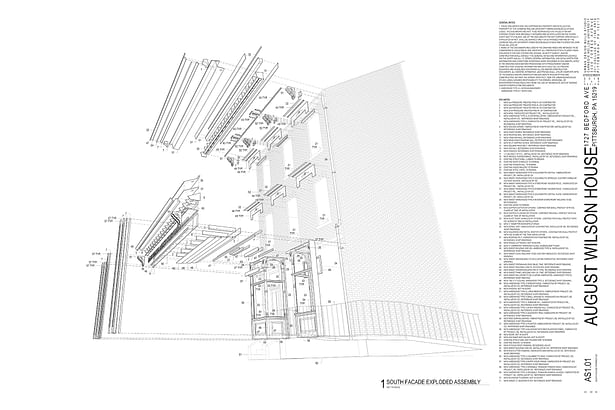 Assembly diagram of the entire house facade and the pieces that need to be fabricated.