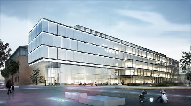 Exterior rendering of HENN's Glazed Software Factory design © HENN