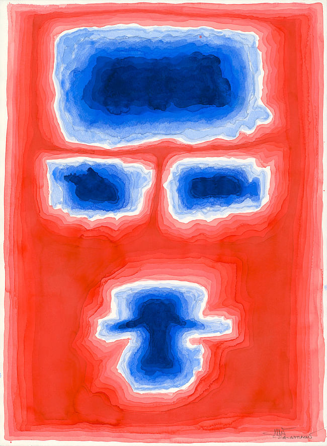 No title [Geometrical face on red background], 2011. Watercolor on cardboard, cm 77 x 56. Property of Studio Calatrava © Santiago Calatrava