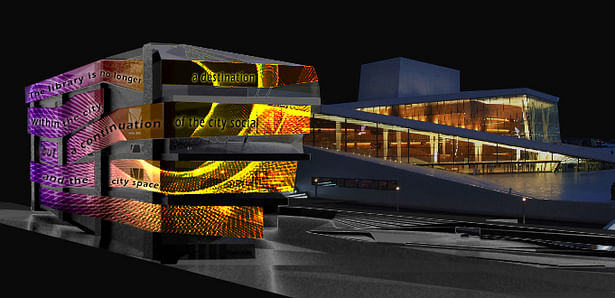 Library Wrapped in Media Mesh Projecting a Message | VRay Render, Photoshop