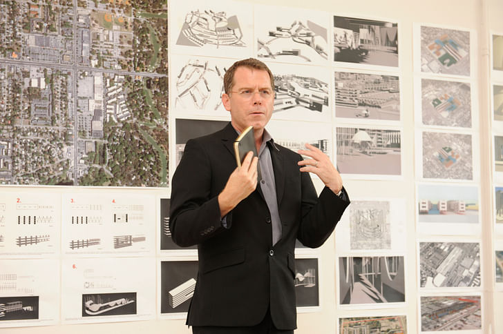 Michael Bell of Michael Bell: Visible Weather presents at the Foreclosed:Rehousing the American Dream Open Studios at MoMA PS1 on June 18, 2011. Photographs by Don Pollard. © 2011 The Museum of Modern Art.