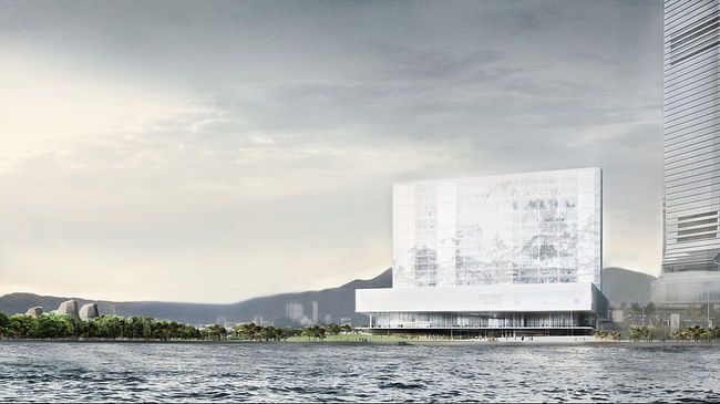 Waterside View: View of M+ from the Park at West Kowloon Cultural District. © Herzog & de Meuron, Courtesy of Herzog & de Meuron and WKCDA