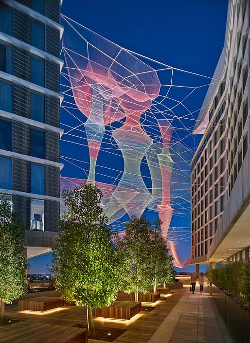 Shortlisted in the 'Structural Artistry' Category: Sunset Dream Catcher—Echelman Sculpture. Structural Designer: Skidmore, Owings & Merrill. Architect: Skimore, Owings & Merrill LLP, Janet Echelman. Photo by Benny Chan. 