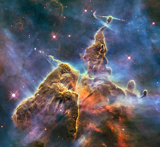 Mystic Mountain, a region in the Carina Nebula. Image by the Hubble Space Telescope, via Wikipedia.