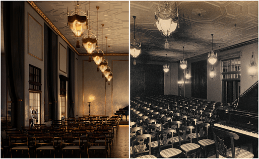 Left, a rendering shows a recital hall on the eighth floor of a condominium tower being built in the former Steinway Hall on West 57th Street. Archival photographs of the original, which was destroyed decades ago, right, are guiding construction of the near replica. Credit Left: Hayes Davidson; Right: Steinway & Sons Archives.