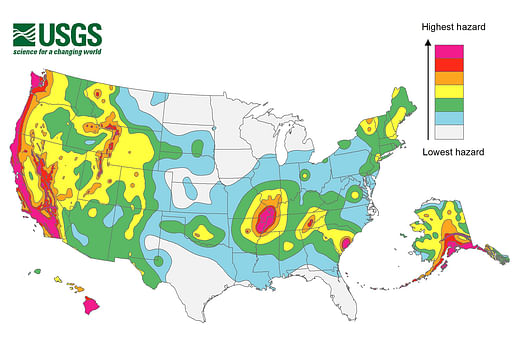 2014 USGS National Seismic Hazard Map, displaying intensity of potential ground shaking from an earthquake in 50 years (which is the typical lifetime of a building). Image via usgs.gov