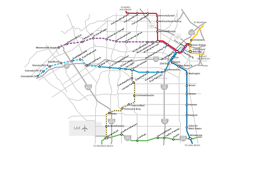 A map of current and proposed public rail lines in Los Angeles (proposed lines are dashed). Credit: Wikipedia