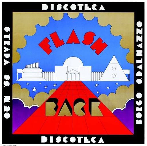 Poster for the Discotheque Flash Back, Borgo San Dalmazzo, 1972. Design: Gianni Arnaudo / Studio65.