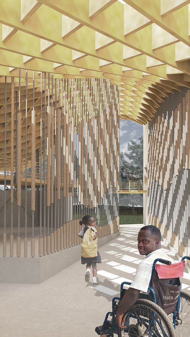 Dining Hall: Bamboo Screen Ramp and Central Circulation