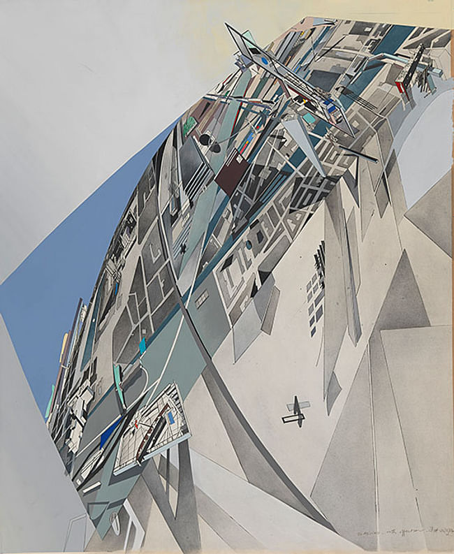 Zaha Hadid (British, b. Iraq 1950), “The World (89 Degrees),” 1984. Arial view; compilation of projects to date. Print with hand-applied acrylic and wash on paper, 27 1/2 x 22 5/8”. Collection of the Alvin Boyarsky Archive. Courtesy of Zaha Hadid Architects. 