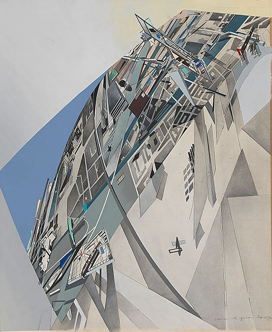 Zaha Hadid (British, b. Iraq 1950), “The World (89 Degrees),” 1984. Arial view; compilation of projects to date. Print with hand-applied acrylic and wash on paper, 27 1/2 x 22 5/8”. Collection of the Alvin Boyarsky Archive. Courtesy of Zaha Hadid Architects. 