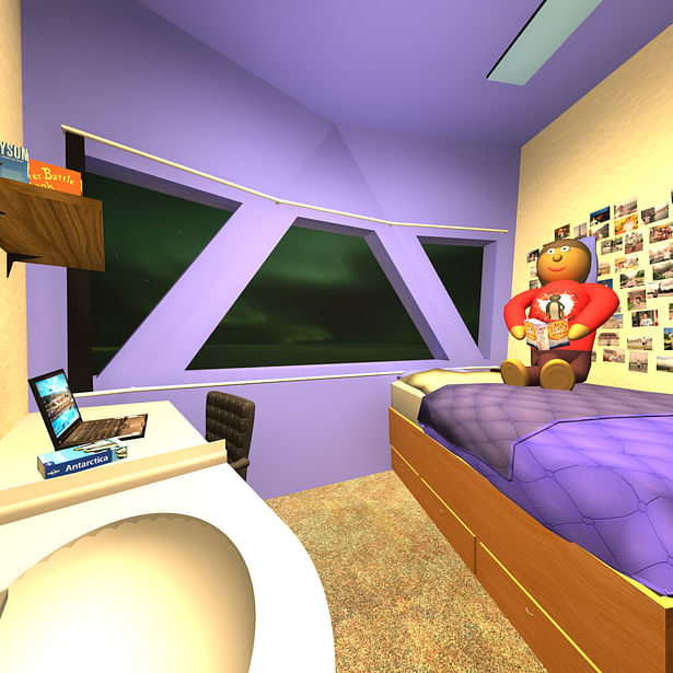 Each resident of the station has there very own private bedroom. While small, the bedrooms feature plenty of storage space, a television, a desk, sink, daylight and dawn simulation lights, black out shades, carpet, and a full size bed. Each residential module contains shared showers, toilets, and a laundry facility.