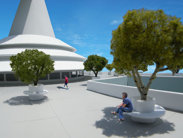 Detail of the rooftop plaza and trees
