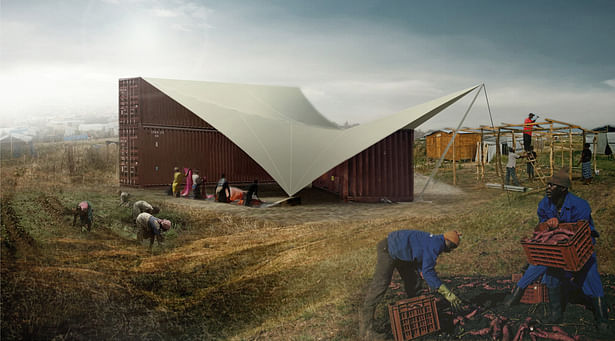 Rainwater collector with community farm and view of washing well