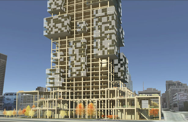 Exterior rendering showing the transparency vs. opacity of the smart glass wall system